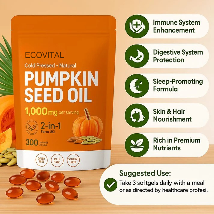 Cold-Pressed Natural Pumpkin Seed Oil, Powerful 2-in-1 Formula for Blood Sugar Support and Hair Health!